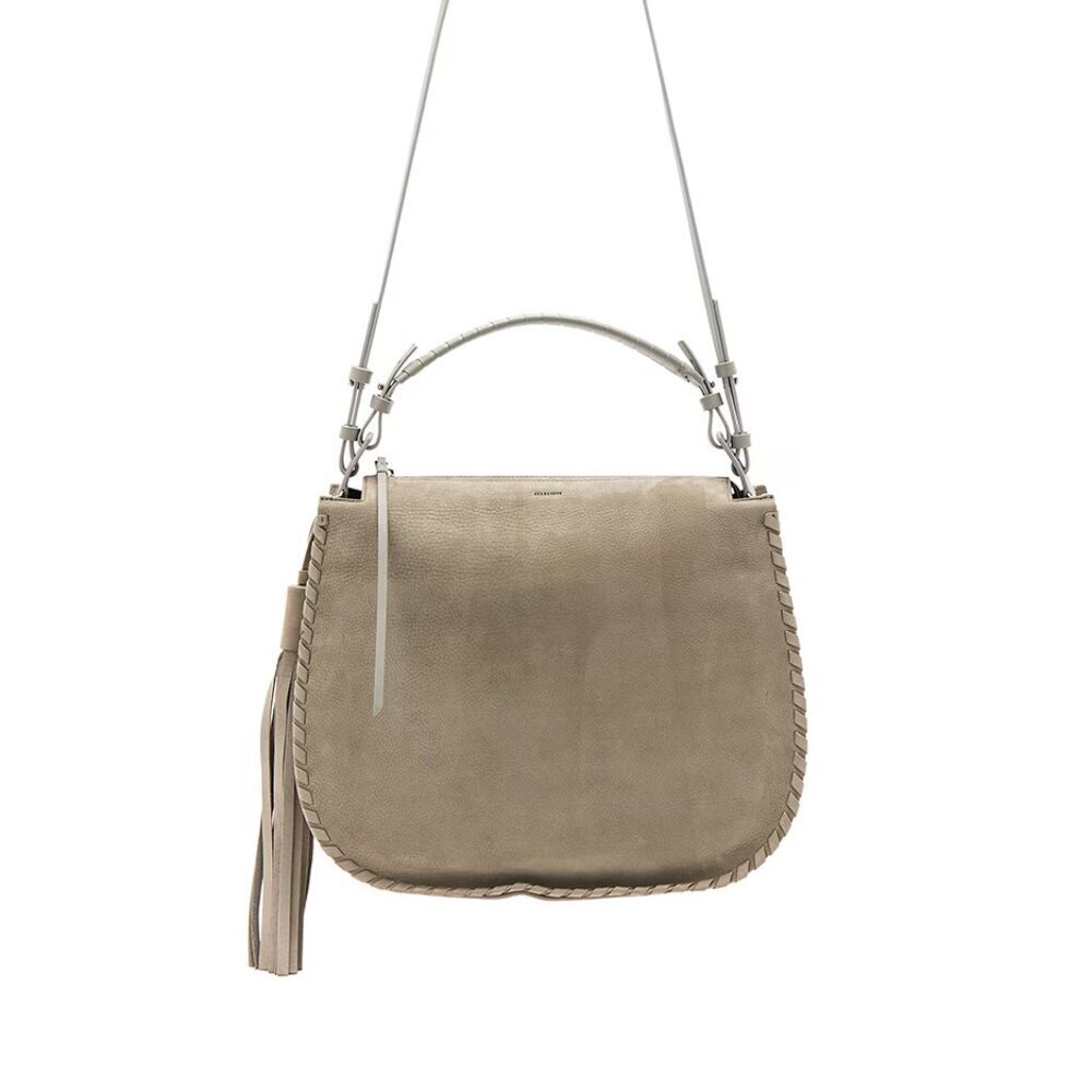 ALLSAINTS Mori Leather Hobo Bag Pebbled Crossbody Purse in Cement Grey, Taupe